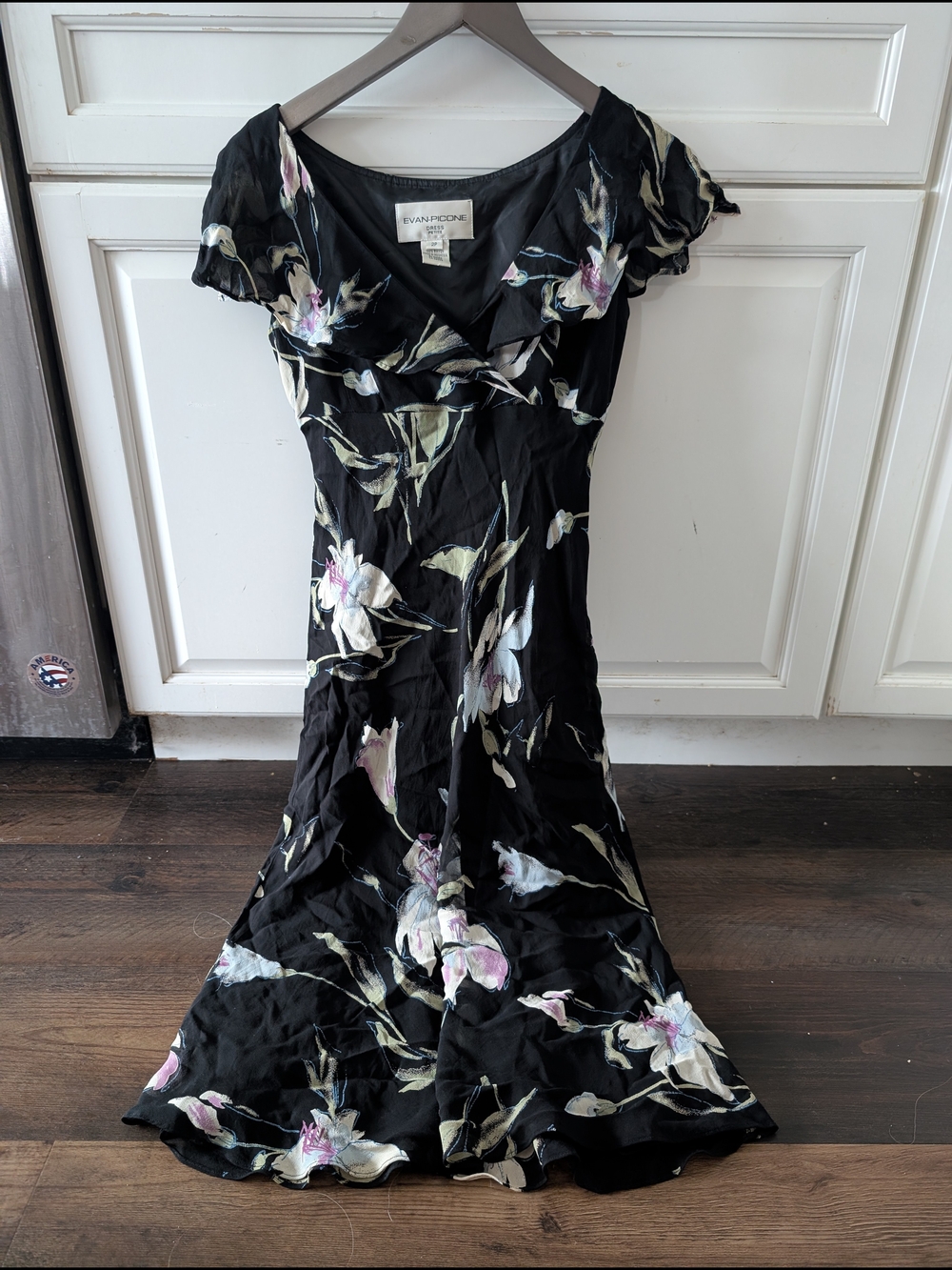 Evan Picone Black Midi Dress with Pink & Blue Floral Print Flutter Sleeve Size2P